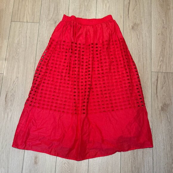 Jennifer & Grace Red Eyelet Midi Skirt with pockets, size small, 100% cotton - Picture 1 of 4